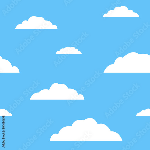 White clouds on blue sky, seamless pattern. Vector cartoon illustration