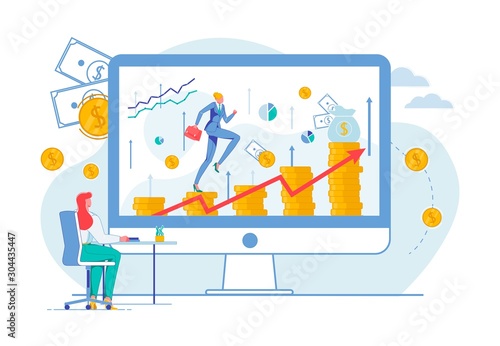 Woman Climbing Coins, Achieving Success at Work.