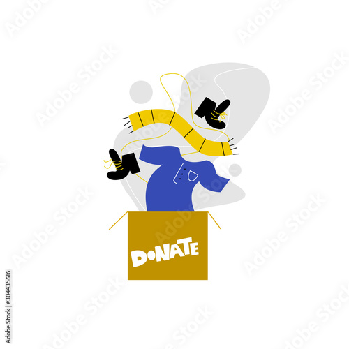 Vector illustration of donation box and t shirt, scarf and shoes, jumping in it. Clothes donation concept.