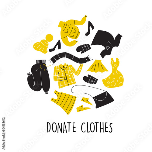 Vector Illustration of different clothes for donation. Circle composition. Charity day and social care concept. Second hand, flea market