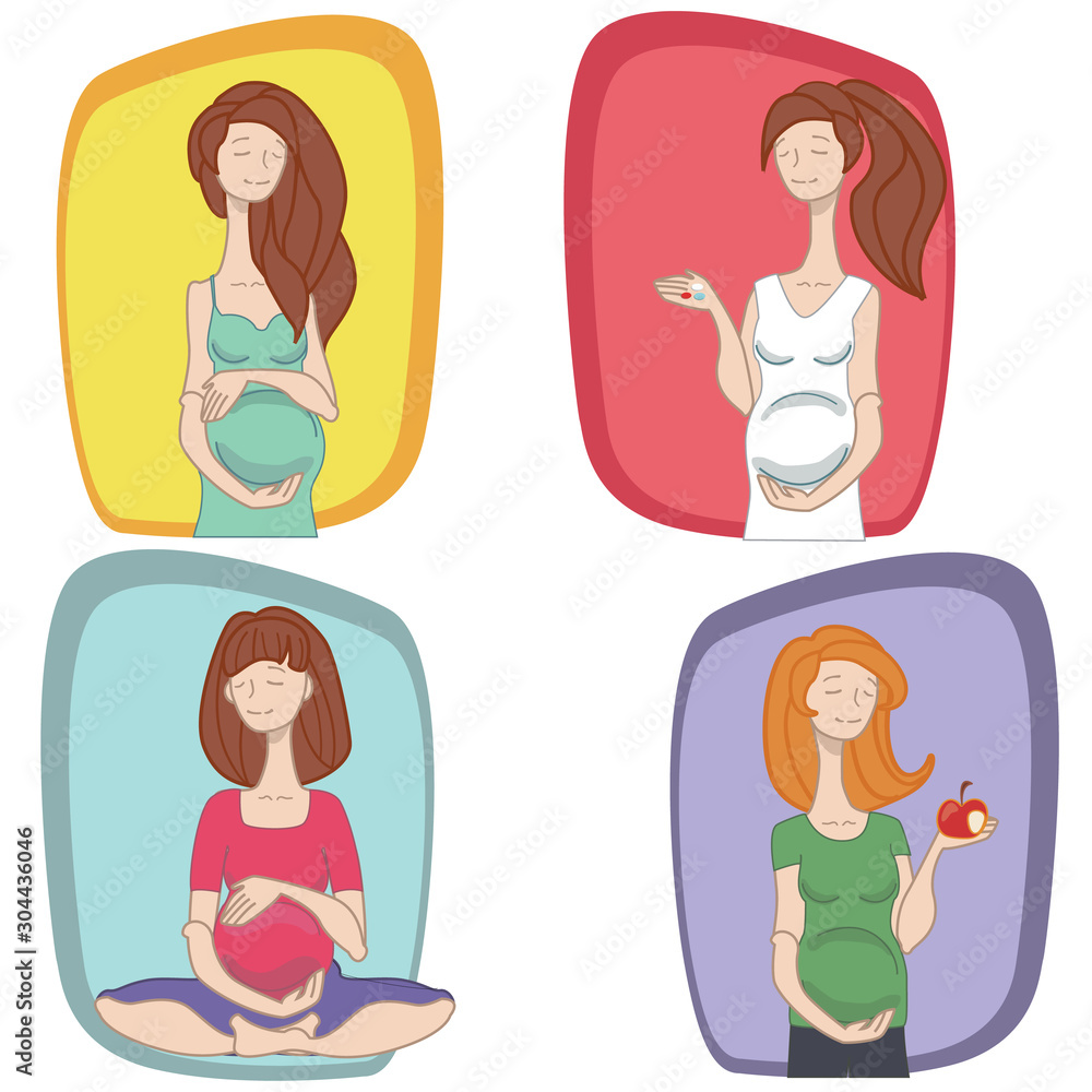 Vector set of illustration with a pregnant female on the topics of medicine, nutrition, sports and life, in cartoon style. Design for book illustration, covers, postcards, background. Vector set of illustration with a pregnant female on the topics of medicine, nutrition, sports and life, in cartoon style. Design for book illustration, covers, postcards, background.