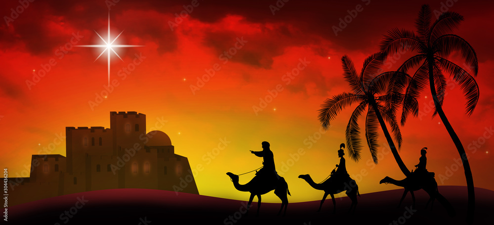 Christmas time. Three kings and star of Bethlehem. Copy space. - obrazy, fototapety, plakaty 