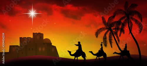Fotografia Christmas time. Three kings and star of Bethlehem. Copy space.