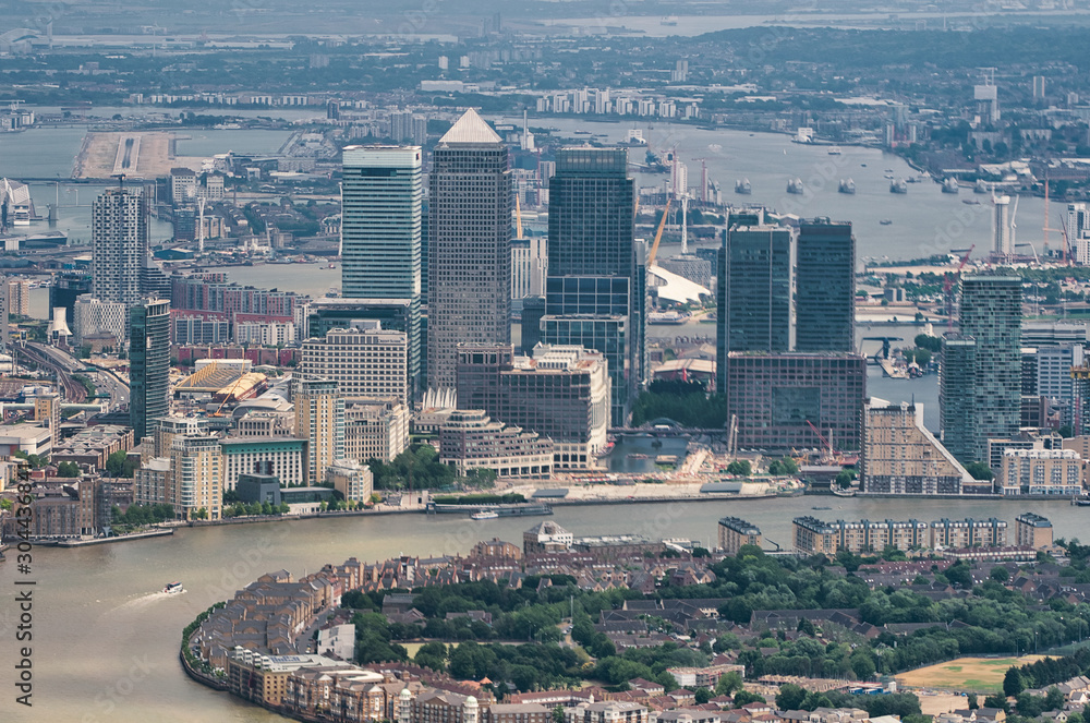 Aerial view of Canary Wharf and city skyline from a high vantage point
