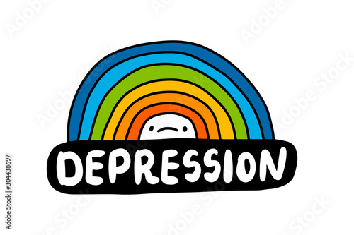 Depression hand drawn vector illustration in cartoon comic style man sad under rainbow