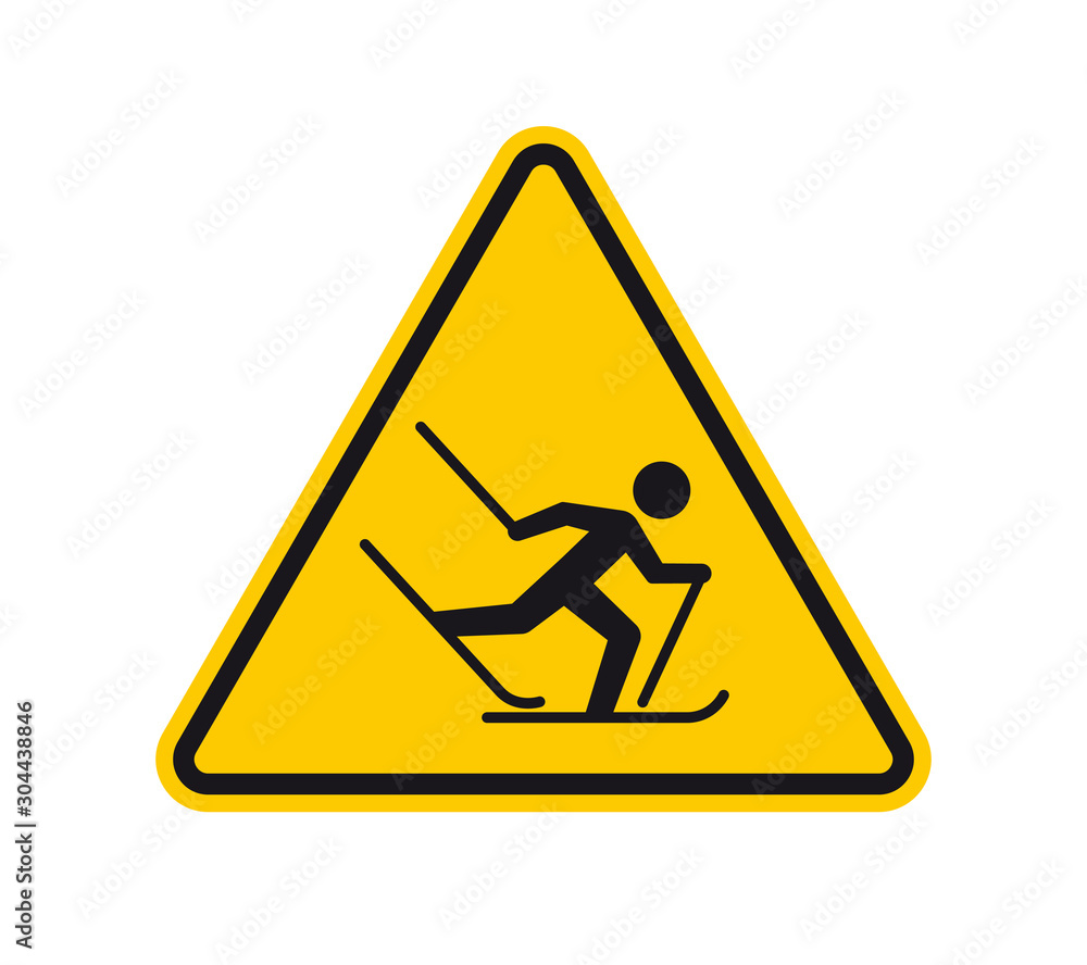 Vector yellow triangle sign - black silhouette figure cross country skiing. Isolated on white background. Vector yellow triangle sign - black silhouette figure cross country skiing. Isolated on white background.