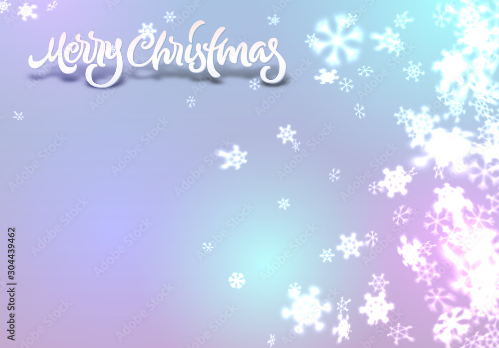 Christmas snowflakes background with falling snow and lettering or calligraphic greeting text