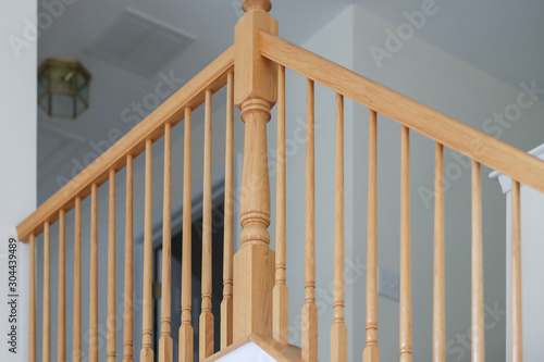 Fototapeta wooden stairs. Stair handrail closeup. - Image