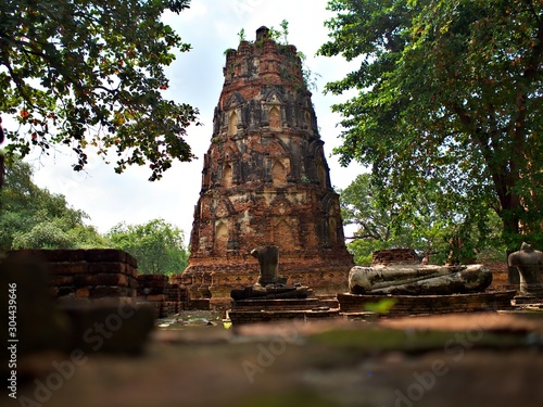 The ruin buddha statue and pagoda that reflect the culture of anicient Ayutthaya, Thailand photo