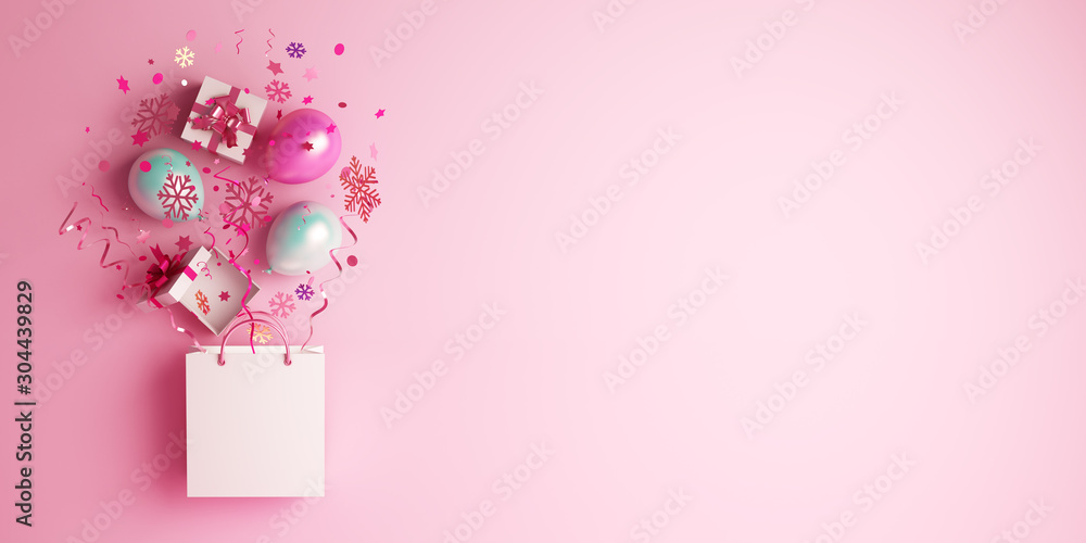 Winter abstract design creative concept, shopping bag, gift box, balloon, snow icon confetti glitter scattering on pink background. Copy space text. 3D rendering illustration. Winter abstract design creative concept, shopping bag, gift box, balloon, snow icon confetti glitter scattering on pink background. Copy space text. 3D rendering illustration.