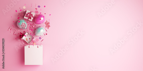 Winter abstract design creative concept, shopping bag, gift box, balloon,  snow icon confetti glitter scattering on pink background. Copy space text. 3D rendering illustration. © sofirinaja