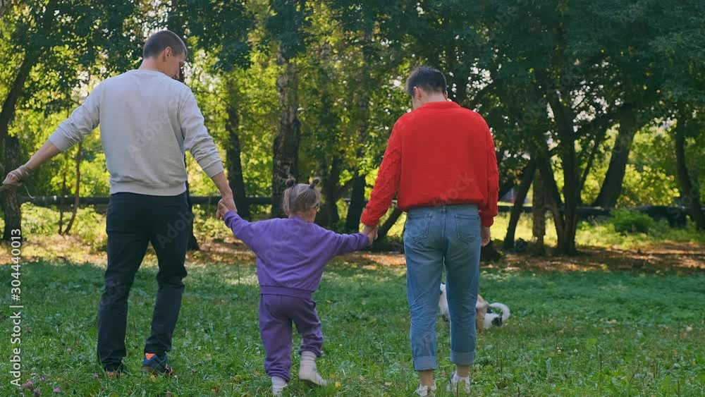 A family walks in parks with five dogs. Mom, Dad and little daughter walk on the lawn in the forest. A family walks in parks with five dogs. Mom, Dad and little daughter walk on the lawn in the forest.