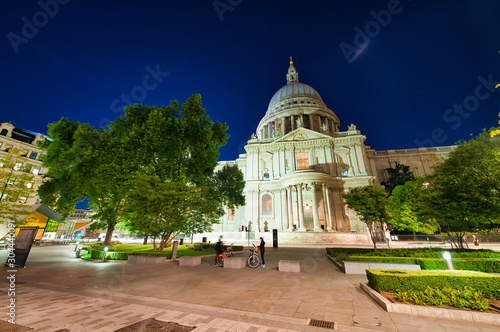 Park of London at night with St Paul Cathedral on the background, UK