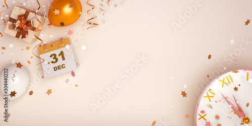 Happy New Year eve design creative concept, December 31 calendar, gift box, gold and white balloon, clock and glittering confetti on gradient background. Copy space text area, 3D  illustration.