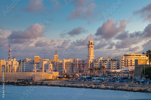 Panorama of the central part of Bari at sunset, view from the sea