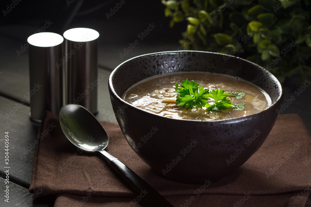 Hot mushroom soup with noodles. Small depth of field. Hot mushroom soup with noodles. Small depth of field.