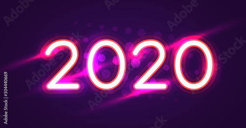 2020 Happy New Year Neon Text. 2020 New Year Design template for Seasonal Flyers and Greetings Card and Christmas themed invitations. Light Banner.