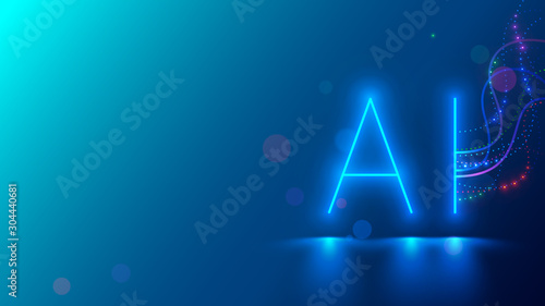 AI technology neon character hanging on blue background. Abstract artificial intelligence concept banner. Glowing sign of cyber mind connects with network and exchanges signal. Machine learning.