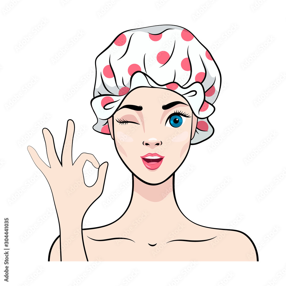 Young girl in shower cap shows OK gesture and winks. Portrait isolated on white background in Cartoon style Young girl in shower cap shows OK gesture and winks. Portrait isolated on white background in Cartoon style