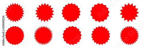 Set of vector red starburst, sunburst badges. Red icons on white background. Simple flat style vintage labels, stickers. 