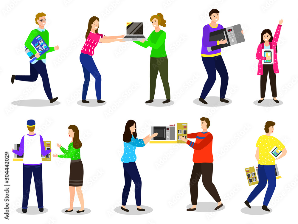Obraz premium People fighting for items on sale. Isolated characters holding appliances and gadgets. Women arguing because of computer with discount. Male running with kettle. Kid with smartphone. Black friday sale