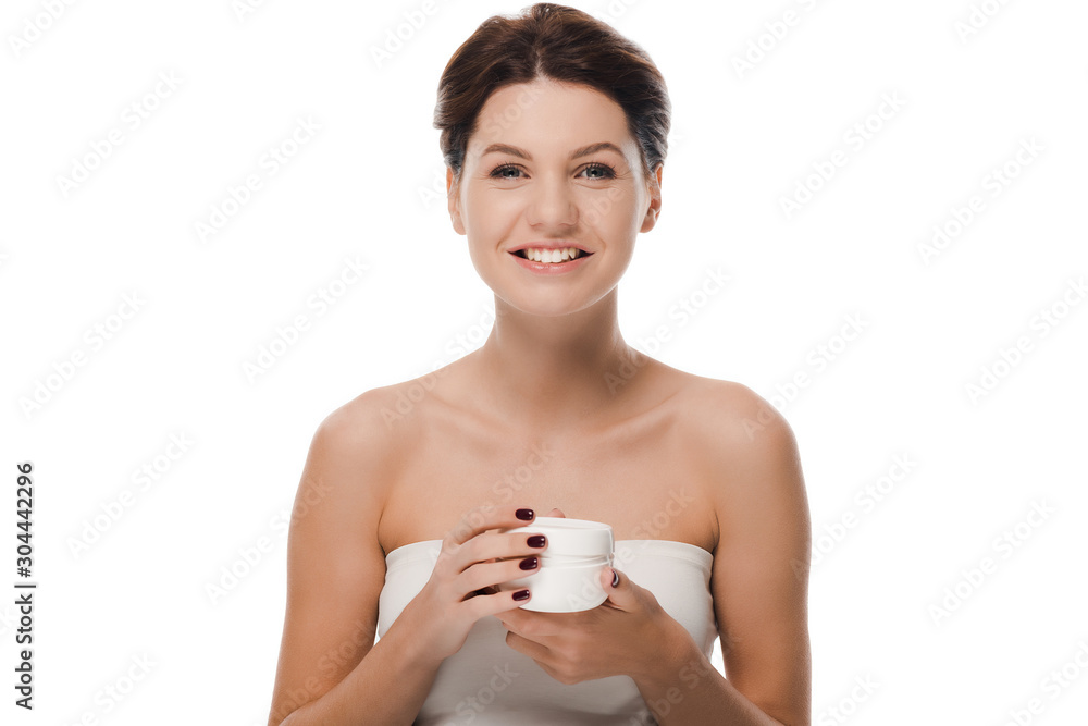 happy woman holding container with face cream isolated on white happy woman holding container with face cream isolated on white