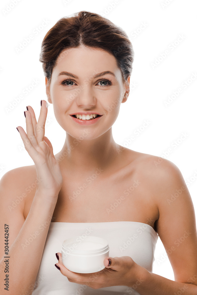 cheerful woman with face cream on finger looking at camera isolated on white cheerful woman with face cream on finger looking at camera isolated on white