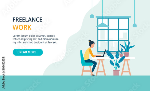 Freelancer girl with notebook, easely working in cafe. Modern bright banner, site template with place for your text.