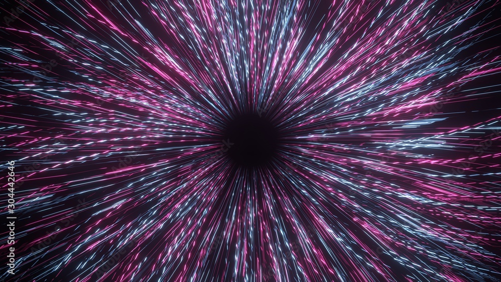 3D Rendering of abstract twisted glowing red and blue lights. Concept of leading in business, Hi tech products, warp speed wormhole science, transport portal