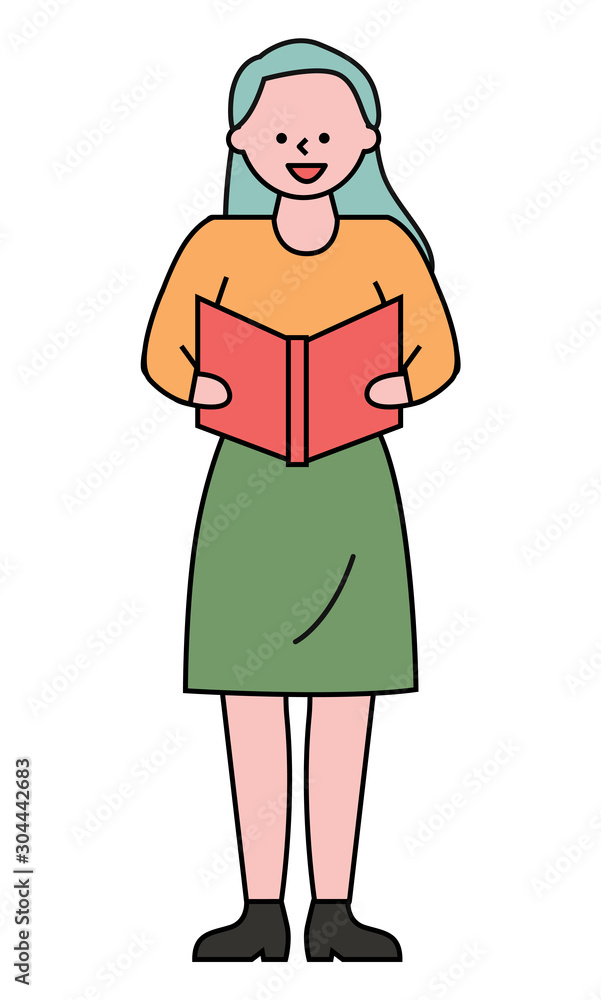 Lady singing Christmas carol songs or prayers. Young woman read text of song from vector red book in her hands. Person with green hair in shirt and skirt isolated on white background, minimalism Lady singing Christmas carol songs or prayers. Young woman read text of song from vector red book in her hands. Person with green hair in shirt and skirt isolated on white background, minimalism