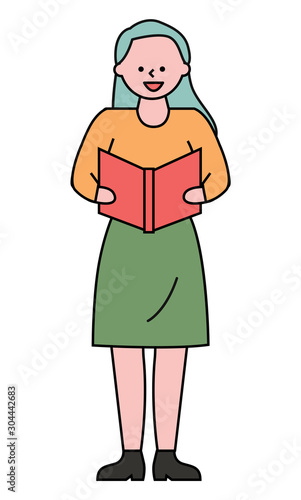 Lady singing Christmas carol songs or prayers. Young woman read text of song from vector red book in her hands. Person with green hair in shirt and skirt isolated on white background, minimalism