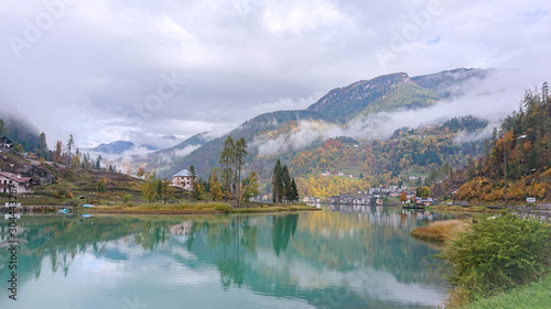 Panoramic view of the Lago di  Alleghe lake in the italian Dolomites