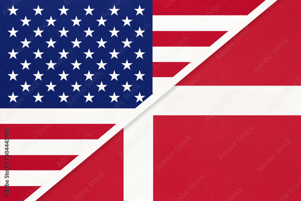 USA vs Denmark national flag from textile. Relationship between american and european countries.
