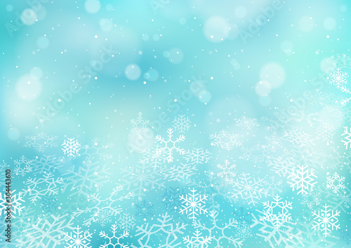 Winter Christmas Bokeh Background made of Snowflakes and snow - Light Blue Illustration, Vector