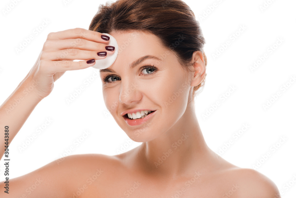 happy naked woman holding cotton pad isolated on white happy naked woman holding cotton pad isolated on white