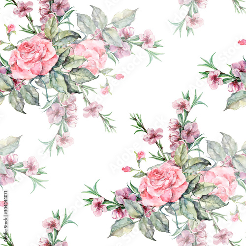 Watercolor seamless floral background with flowers roses and peach. © Olga Kleshchenko