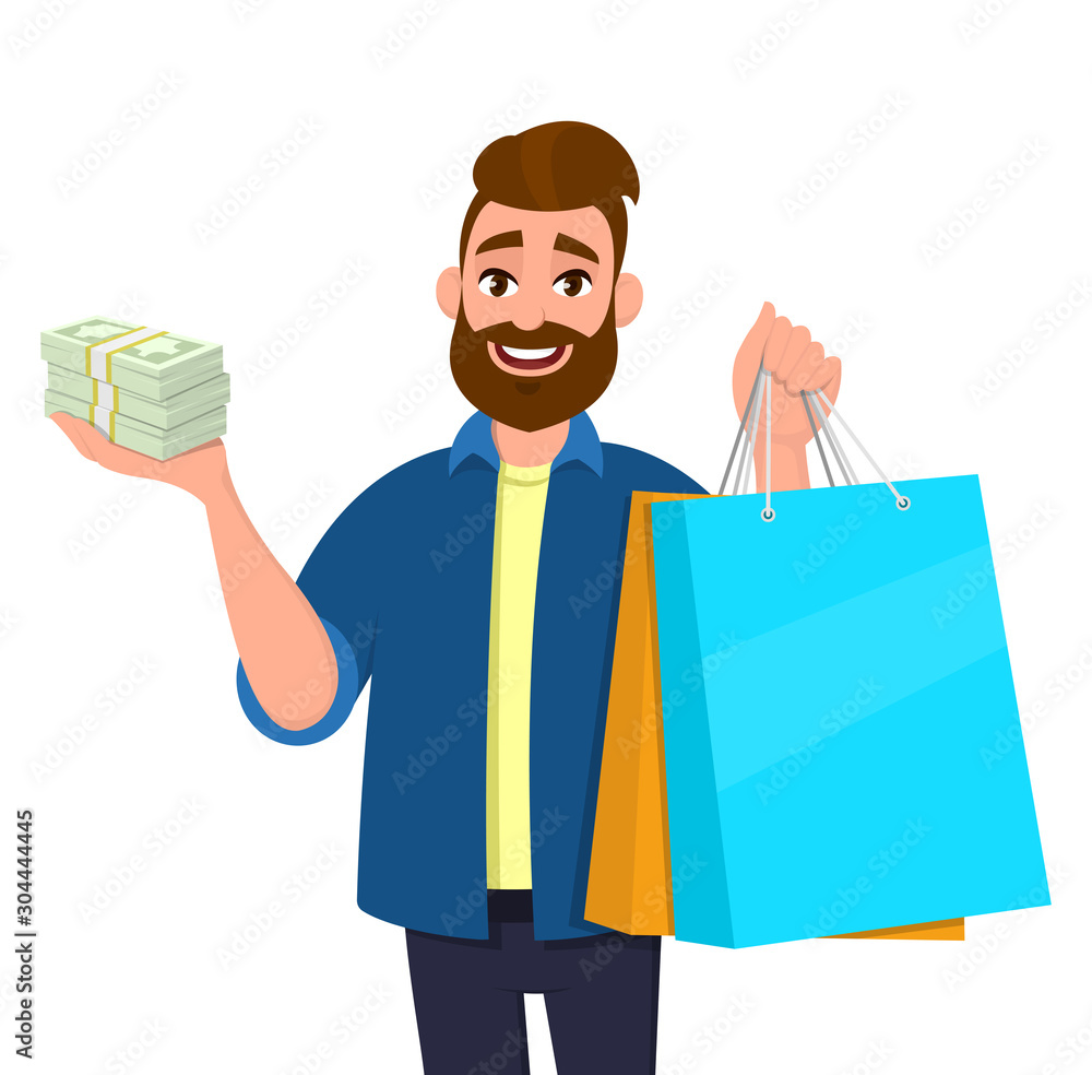 Smiling young man holding shopping bags. Person showing bunch of cash, money, currency notes in hand. Modern lifestyle, digital technology, new purchase, latest trend concept in vector cartoon style. Smiling young man holding shopping bags. Person showing bunch of cash, money, currency notes in hand. Modern lifestyle, digital technology, new purchase, latest trend concept in vector cartoon style.