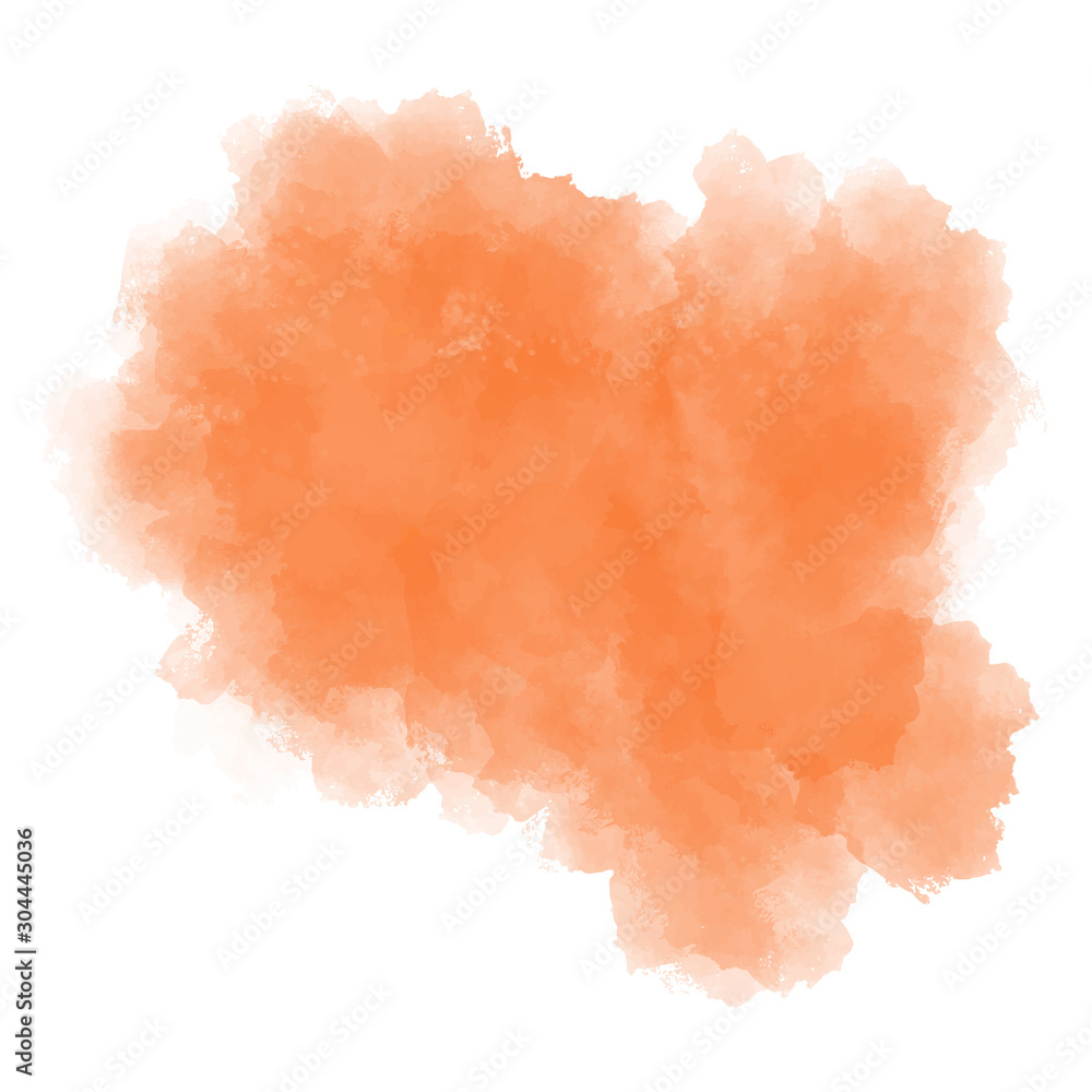 Watercolor soft orange background. Vector abstract illustration. Texture for graphics. Colorful, pastel paint splash, stain on white isolated background. Copy space. EPS 8.  Light and delicate.
