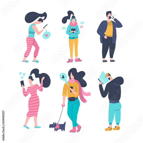 Gadgt eddiction concept. People using smartphones set. Men and women with mobile devices cartoon character collection. Mobile internet, social media. Taking selfie. hand drawn flat vector illustration