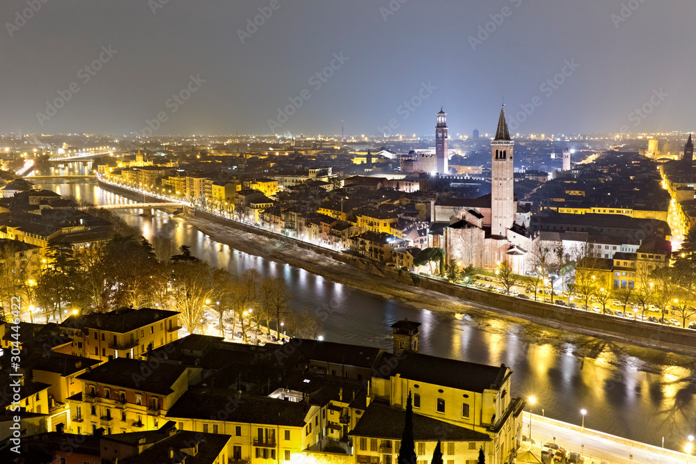 Verona with Basilica of Santa Anastasia in the night. Veneto, Italy, Europe.