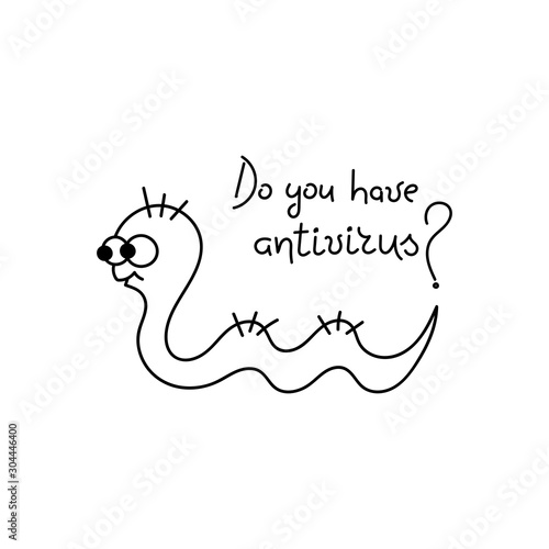 A satisfied worm crawls to destroy your computer with virus attacks. Computer protection, installation of antivirus programs. Hand drawn vector illustration