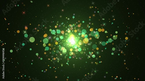 Space green background with stars. Background green movement. Universe green dust with stars on black background. Abstract motion background shining gold particles and stars sparks. Seamless loop. 4k