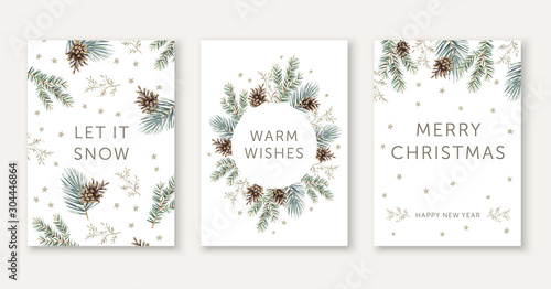 Winter nature design greeting cards template, circle frame, text Let it Snow, Warm Wishes, Merry Christmas, white background. Green pine, fir twigs, cones, stars. Vector xmas illustration