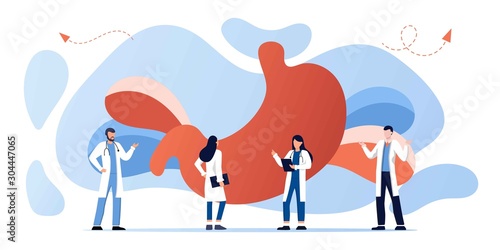 Doctors study and treat stomach. Gastroenterology and health care concept. Doing medical research. illustration for web banners, flyer. Tract system examination and ultrasound xray diagnosis