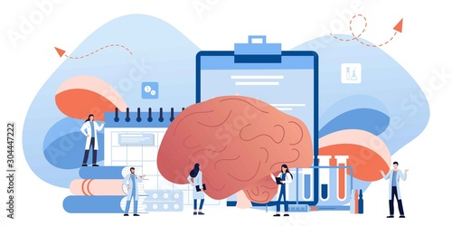 Doctor is diagnosing the brain and senses diseases banner. Stroke and headache, oxygen-deprived brain, migraine. Head tomography. chemical experiment, neurology. Diagnostics development hemisphere.