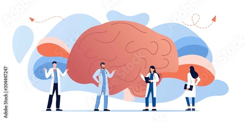 Doctor is diagnosing the brain and senses diseases banner. Stroke and headache, oxygen-deprived brain, migraine. Head tomography. chemical experiment, neurology. Diagnostics development hemisphere.