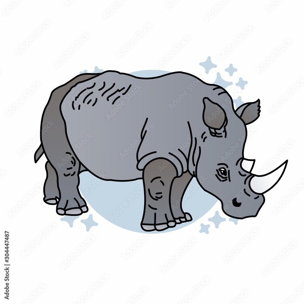 Illustration of Rhinoceros Cartoon, Cute Funny Character with Strong Body,  Flat Design
