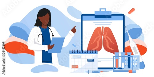 Human Lungs and respiratory system inspection concept. Pulmonology of human vector illustration for website, app, banner. Fibrosis, tuberculosis, pneumonia, cancer, doctor doing medical research