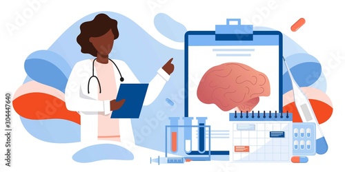 Doctor is diagnosing the brain and senses diseases banner. Stroke and headache, oxygen-deprived brain, migraine. Head tomography. chemical experiment, neurology. Diagnostics development hemisphere.