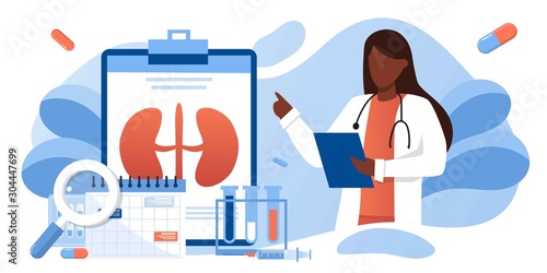 Kidney healthcare, doing medical research.urology and nephrology. nephroptosis, renal failure, pyelonephritis, diseases, kidney stones, cystitis. For website, app, banner, flyer with doctor